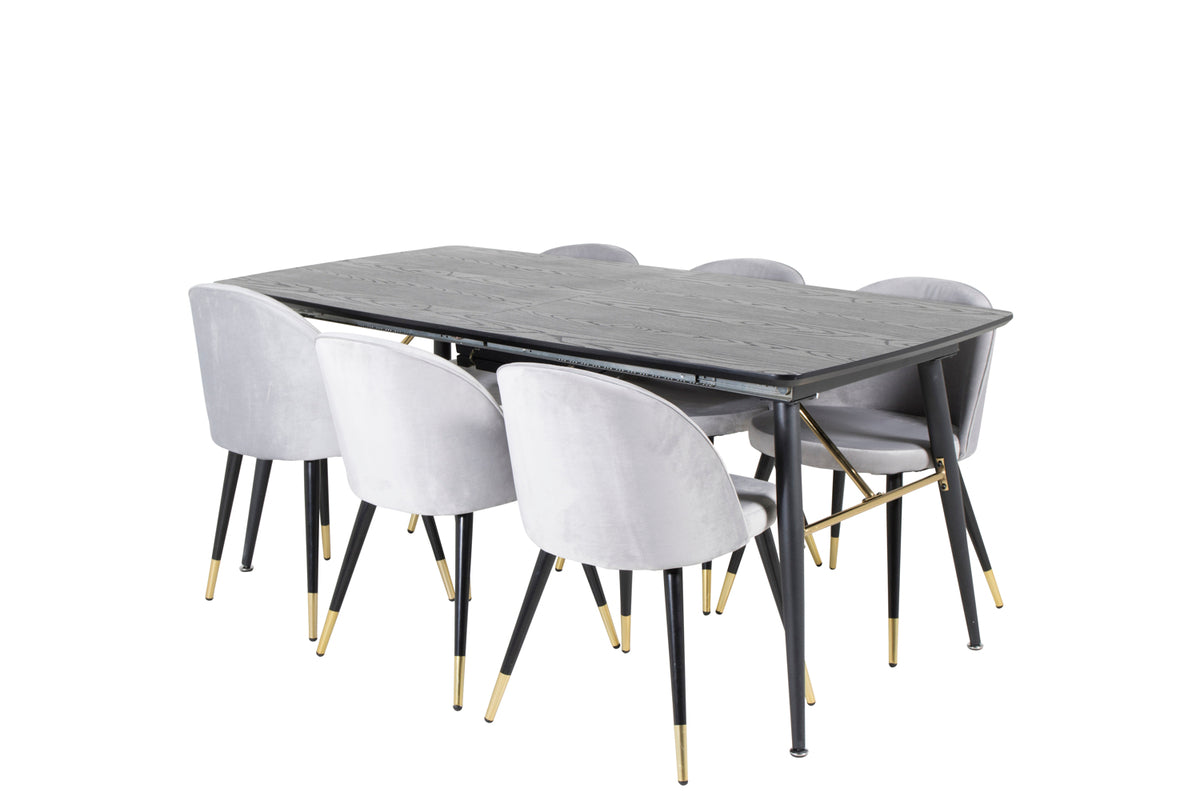 Guld & Velour Rektangulært Spisebord 180 x 85 Sort + Spisebordsstol 2-pak Grå