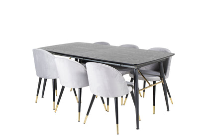Guld & Velour Rektangulært Spisebord 180 x 85 Sort + Spisebordsstol 2-pak Grå