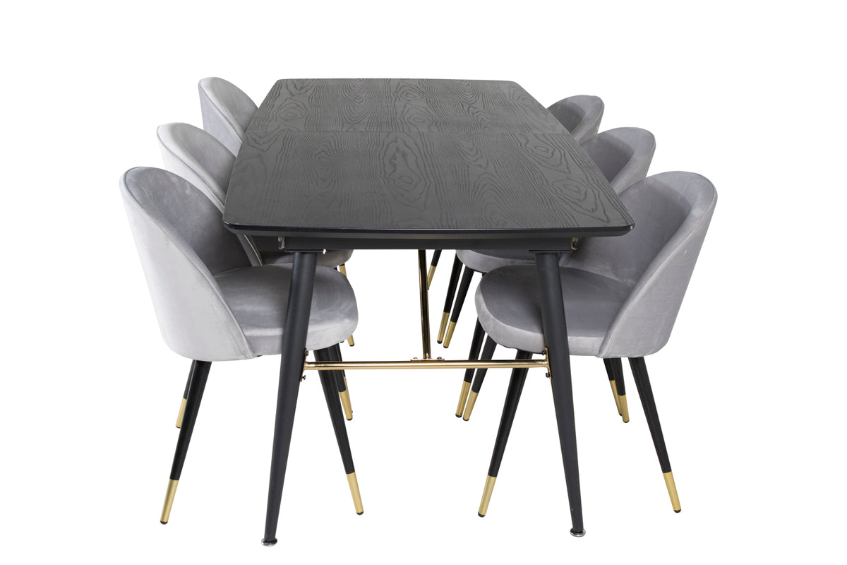 Guld & Velour Rektangulært Spisebord 180 x 85 Sort + Spisebordsstol 2-pak Grå