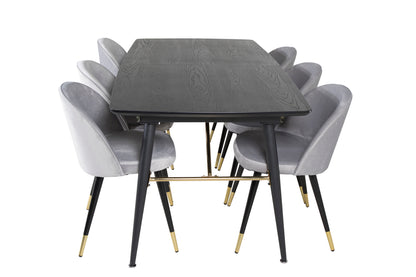 Guld & Velour Rektangulært Spisebord 180 x 85 Sort + Spisebordsstol 2-pak Grå