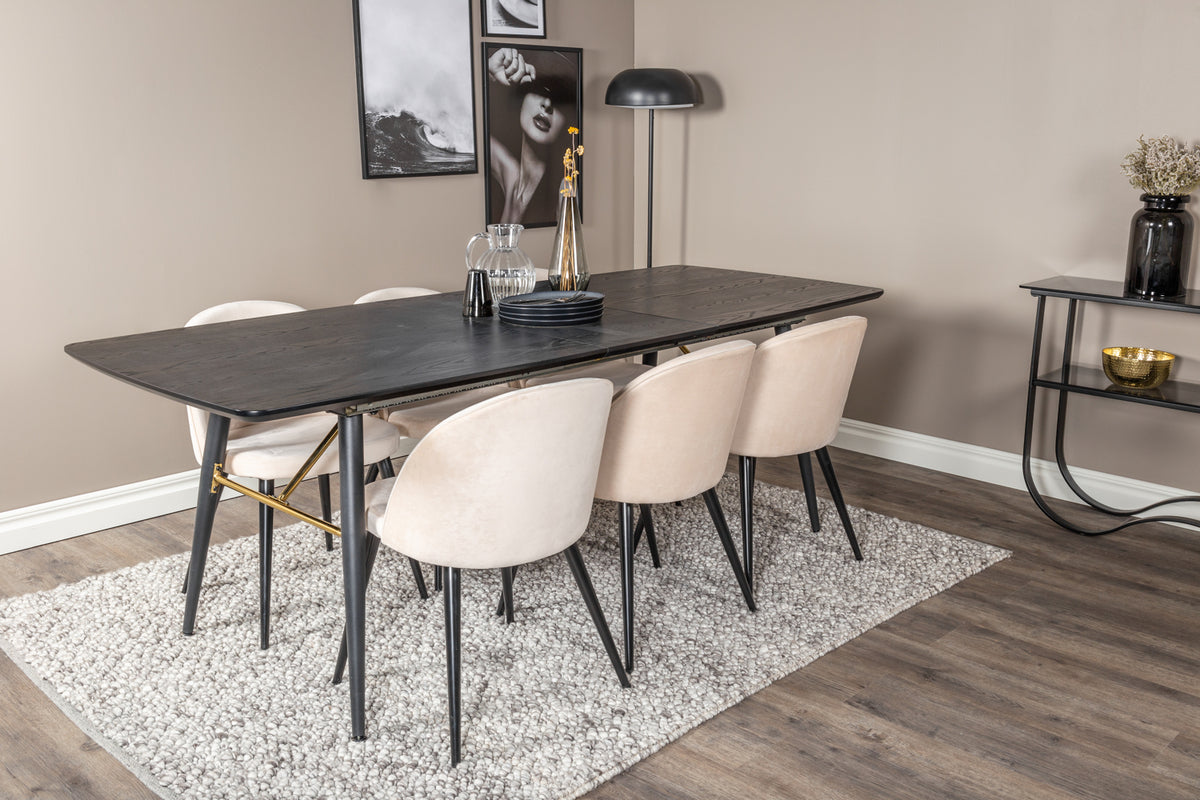 Guld & Velour Rektangulært Spisebord 180 x 85 Sort + Spisebordsstol 2-pak Beige