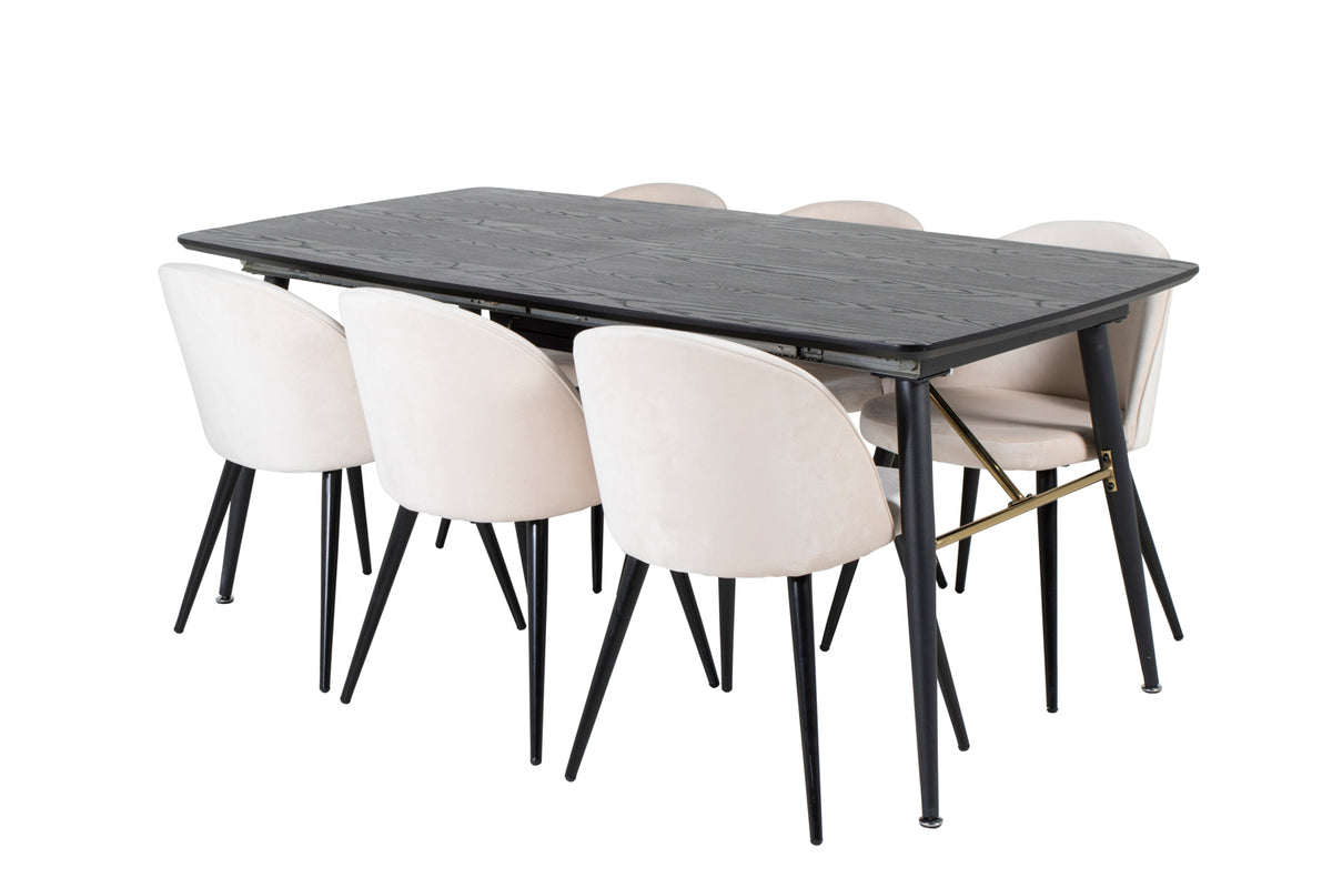 Guld & Velour Rektangulært Spisebord 180 x 85 Sort + Spisebordsstol 2-pak Beige