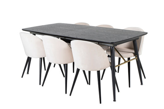 Guld & Velour Rektangulært Spisebord 180 x 85 Sort + Spisebordsstol 2-pak Beige