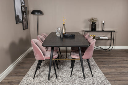Guld & Velour Rektangulært Spisebord 180 x 85 Sort + Spisebordsstol 2-pak Støvet Rosa