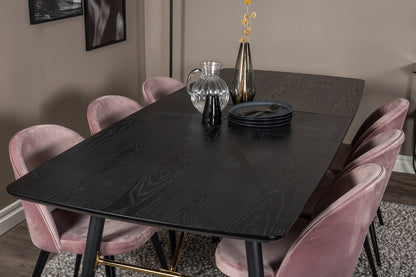 Guld & Velour Rektangulært Spisebord 180 x 85 Sort + Spisebordsstol 2-pak Støvet Rosa