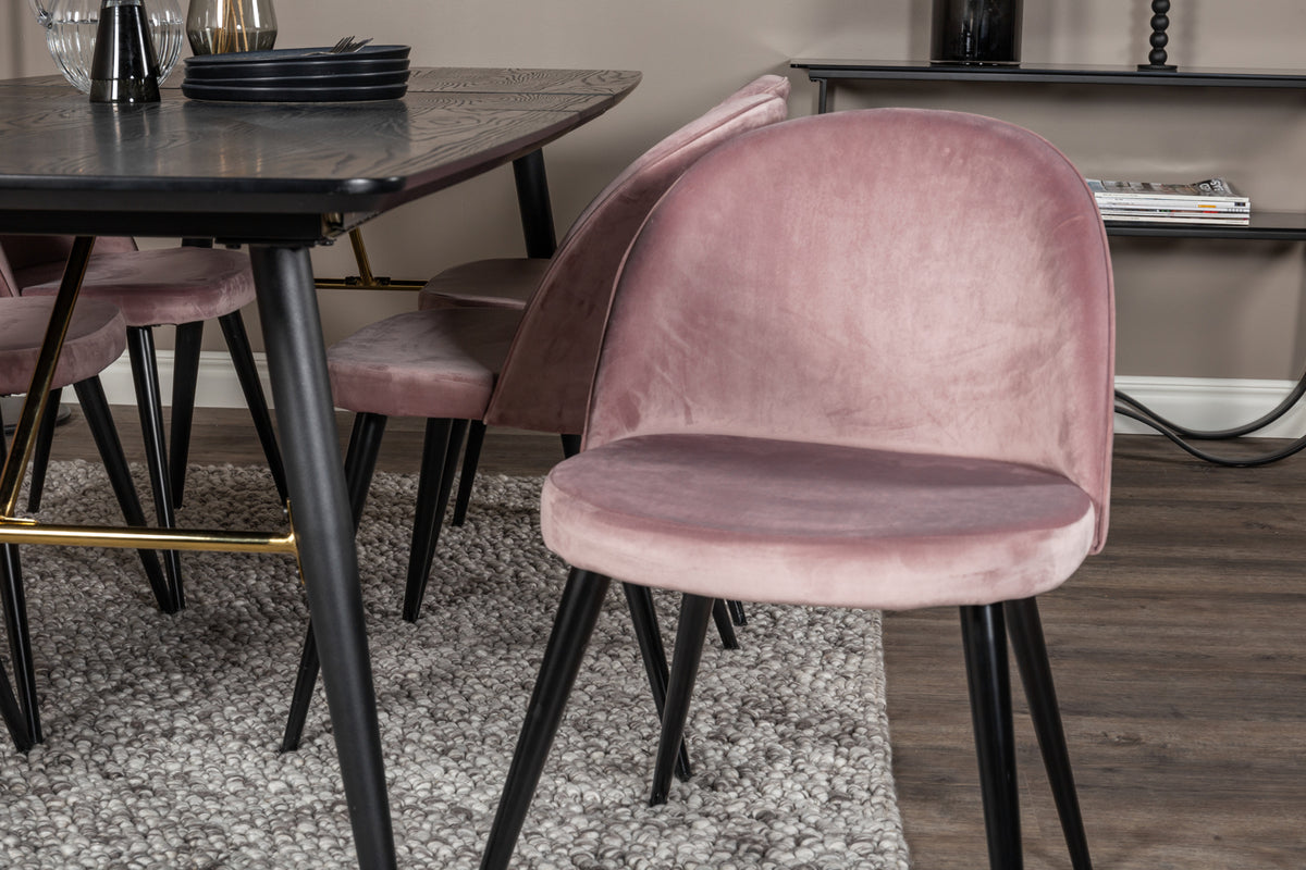 Guld & Velour Rektangulært Spisebord 180 x 85 Sort + Spisebordsstol 2-pak Støvet Rosa