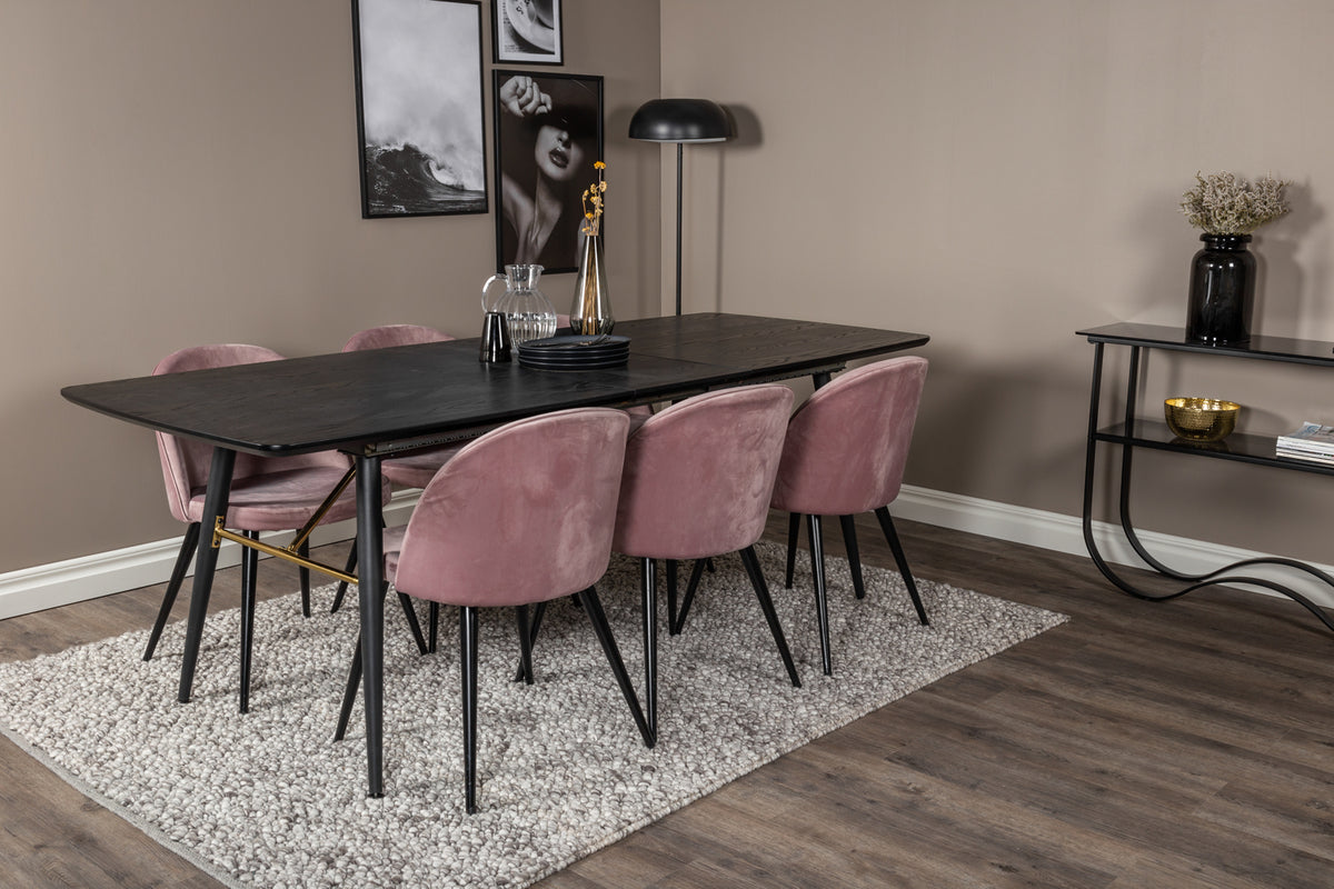 Guld & Velour Rektangulært Spisebord 180 x 85 Sort + Spisebordsstol 2-pak Støvet Rosa