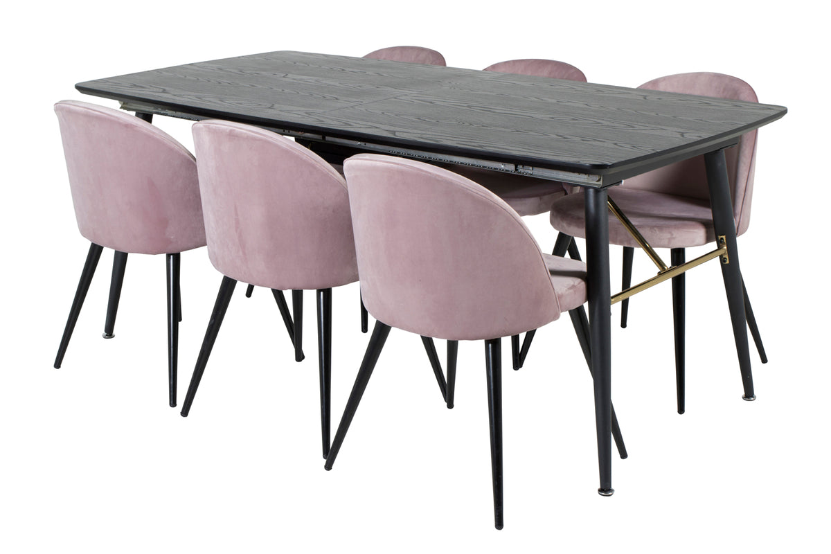 Guld & Velour Rektangulært Spisebord 180 x 85 Sort + Spisebordsstol 2-pak Støvet Rosa