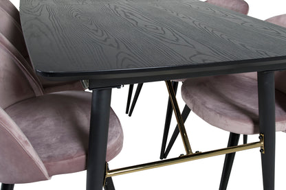 Guld & Velour Rektangulært Spisebord 180 x 85 Sort + Spisebordsstol 2-pak Støvet Rosa