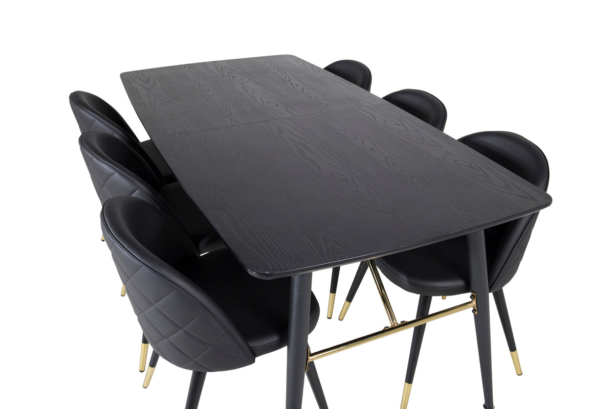 Guld & Velour Rektangulært Spisebord 180 x 85 Sort + Spisebordsstol 2-pak Sort