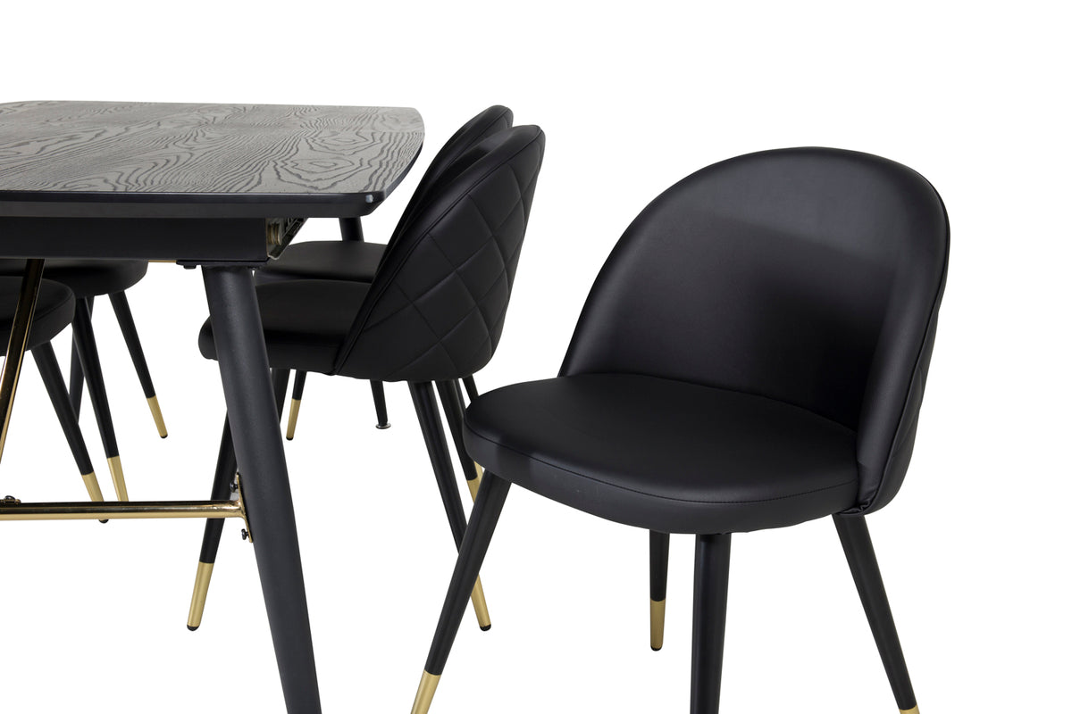 Guld & Velour Rektangulært Spisebord 180 x 85 Sort + Spisebordsstol 2-pak Sort