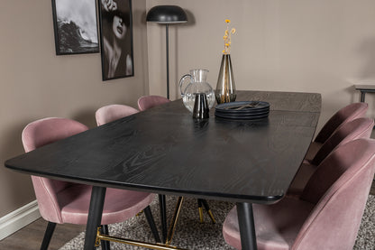 Guld & Velour Rektangulært Spisebord 180 x 85 Sort + Spisebordsstol 2-pak Støvet Rosa
