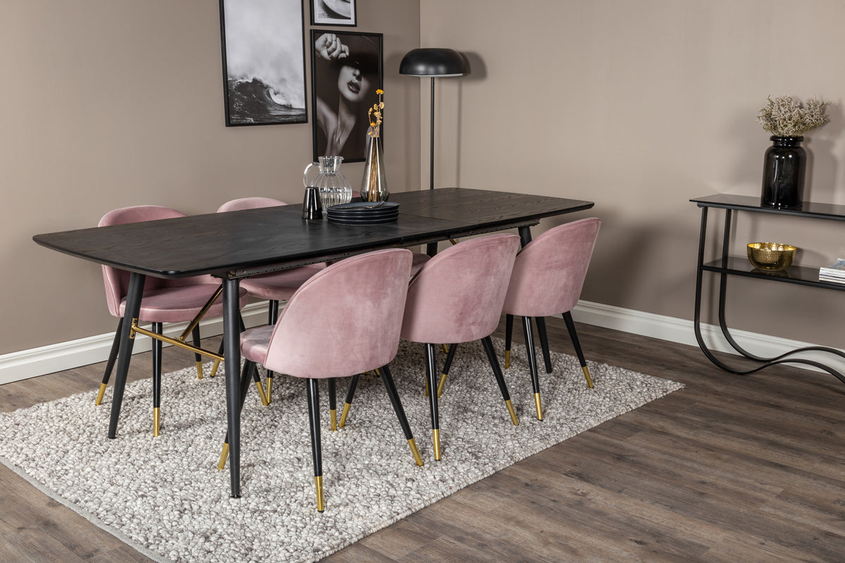 Guld & Velour Rektangulært Spisebord 180 x 85 Sort + Spisebordsstol 2-pak Støvet Rosa