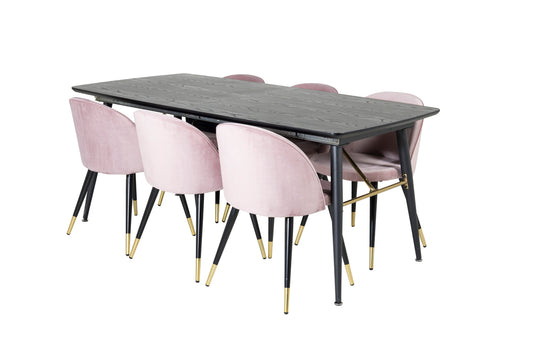 Guld & Velour Rektangulært Spisebord 180 x 85 Sort + Spisebordsstol 2-pak Støvet Rosa