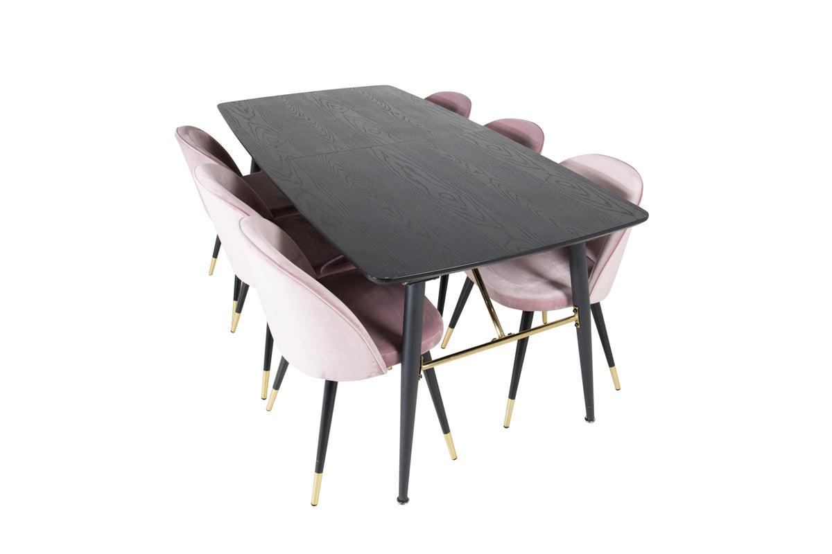 Guld & Velour Rektangulært Spisebord 180 x 85 Sort + Spisebordsstol 2-pak Støvet Rosa