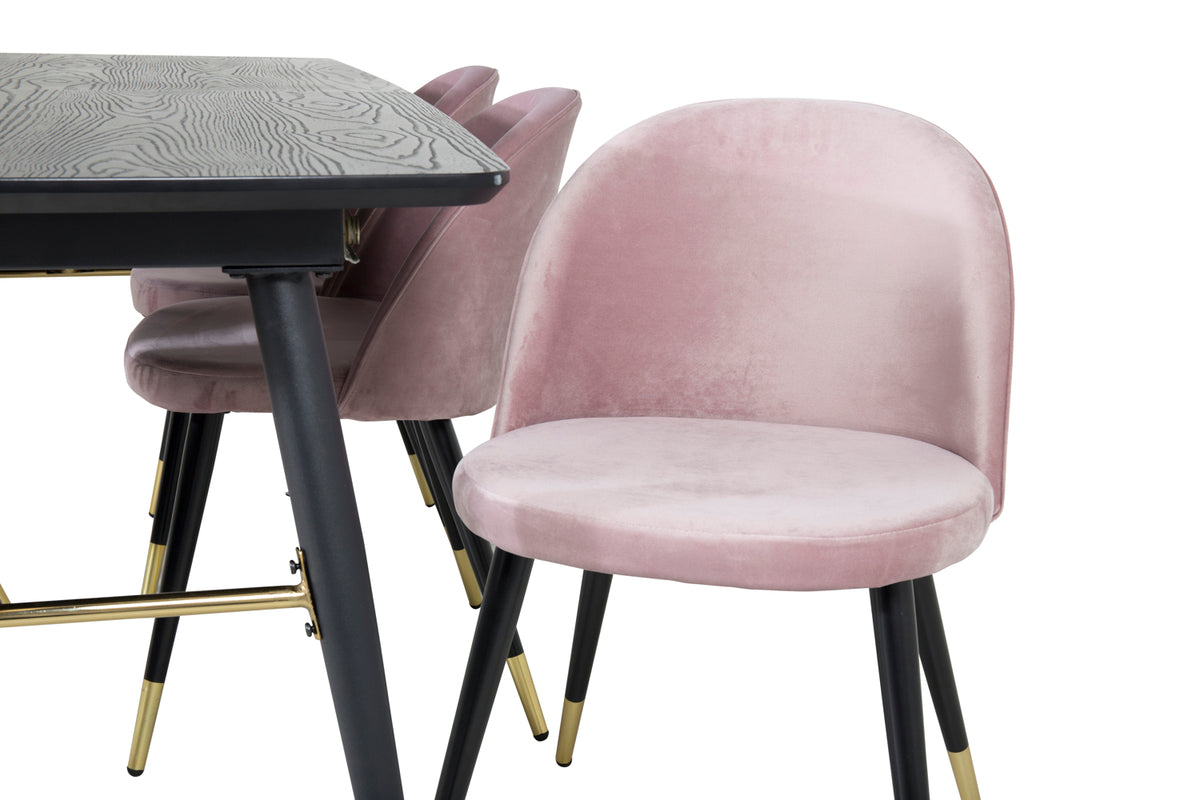 Guld & Velour Rektangulært Spisebord 180 x 85 Sort + Spisebordsstol 2-pak Støvet Rosa