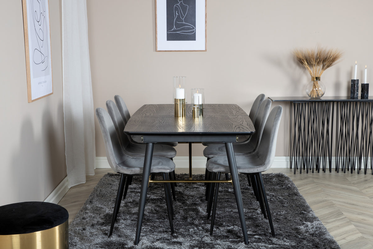 Guld & Polar Rektangulært Spisebord 180 x 85 Sort + Spisebordsstol 2-pak Grå