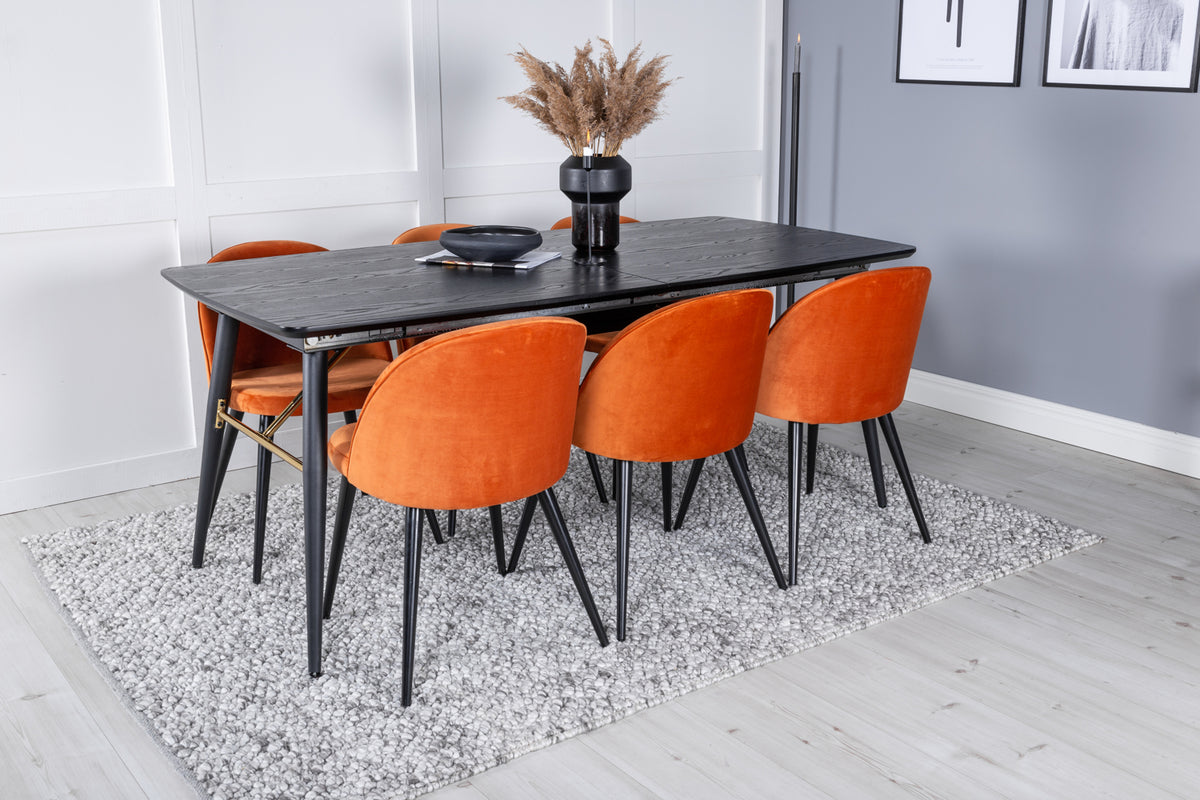 Rektangulært spisebord 180 x 85 Sort + Spisebordsstol 2-pak Rustorange