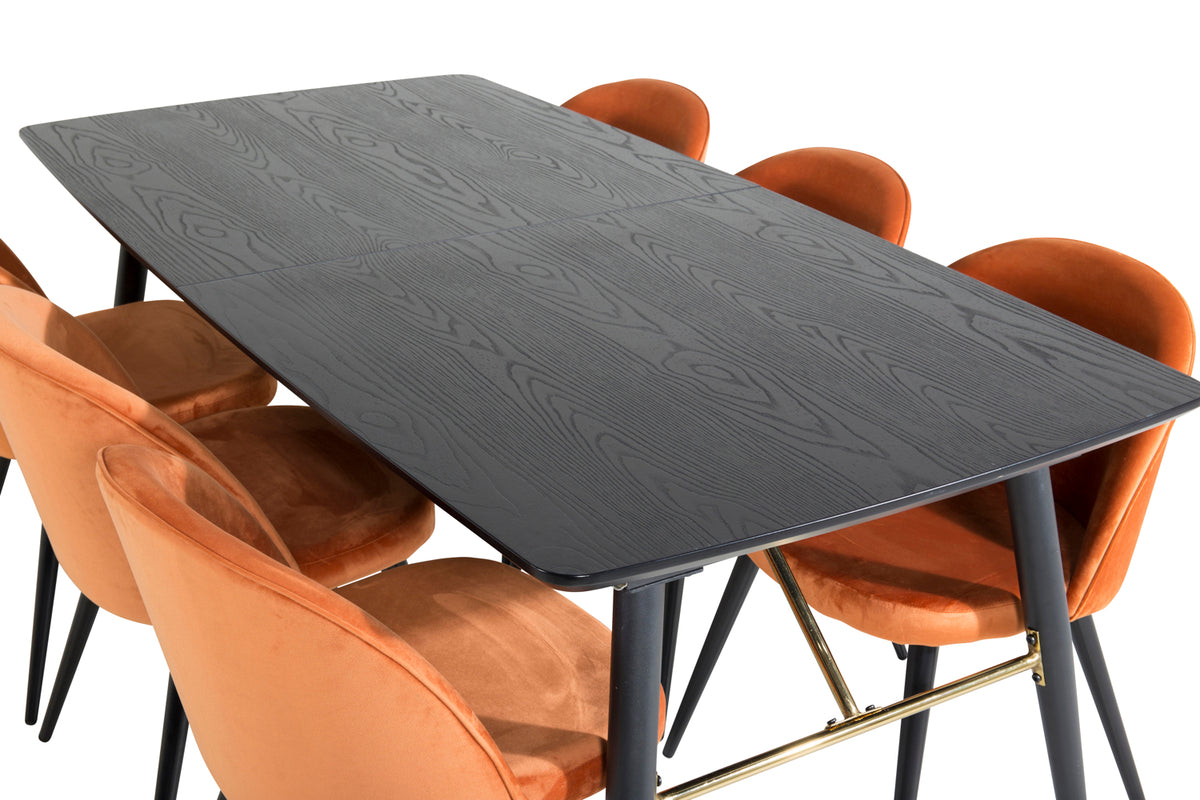 Rektangulært spisebord 180 x 85 Sort + Spisebordsstol 2-pak Rustorange