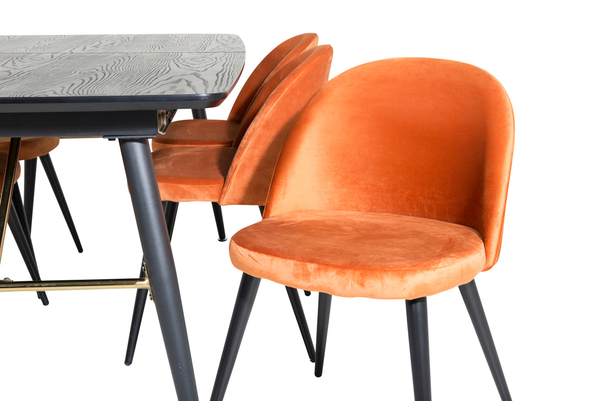 Rektangulært spisebord 180 x 85 Sort + Spisebordsstol 2-pak Rustorange