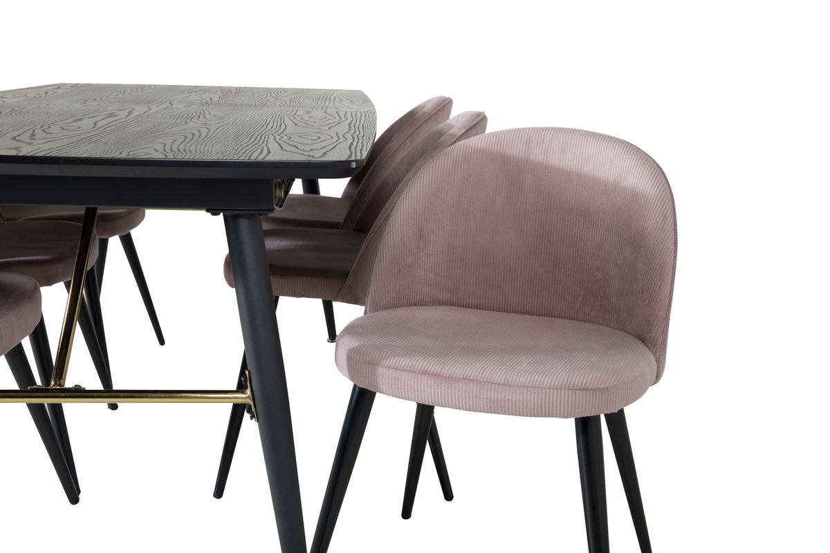Rektangulært spisebord 180 x 85 Sort + Spisebordsstol 2-pak Dusty Pink