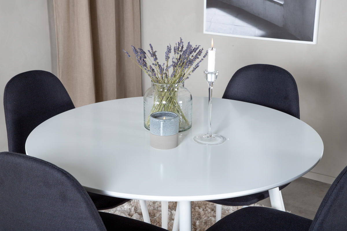 Rundt spisebord 100 Hvid + Spisebordsstol 2-pak Sort