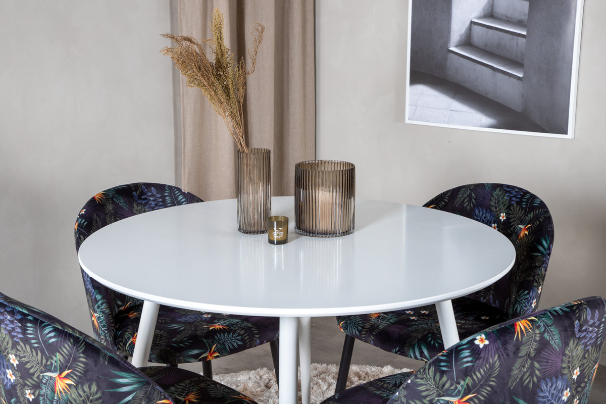 Rundt spisebord 100 Hvid + Spisebordsstol 2-pak Sort