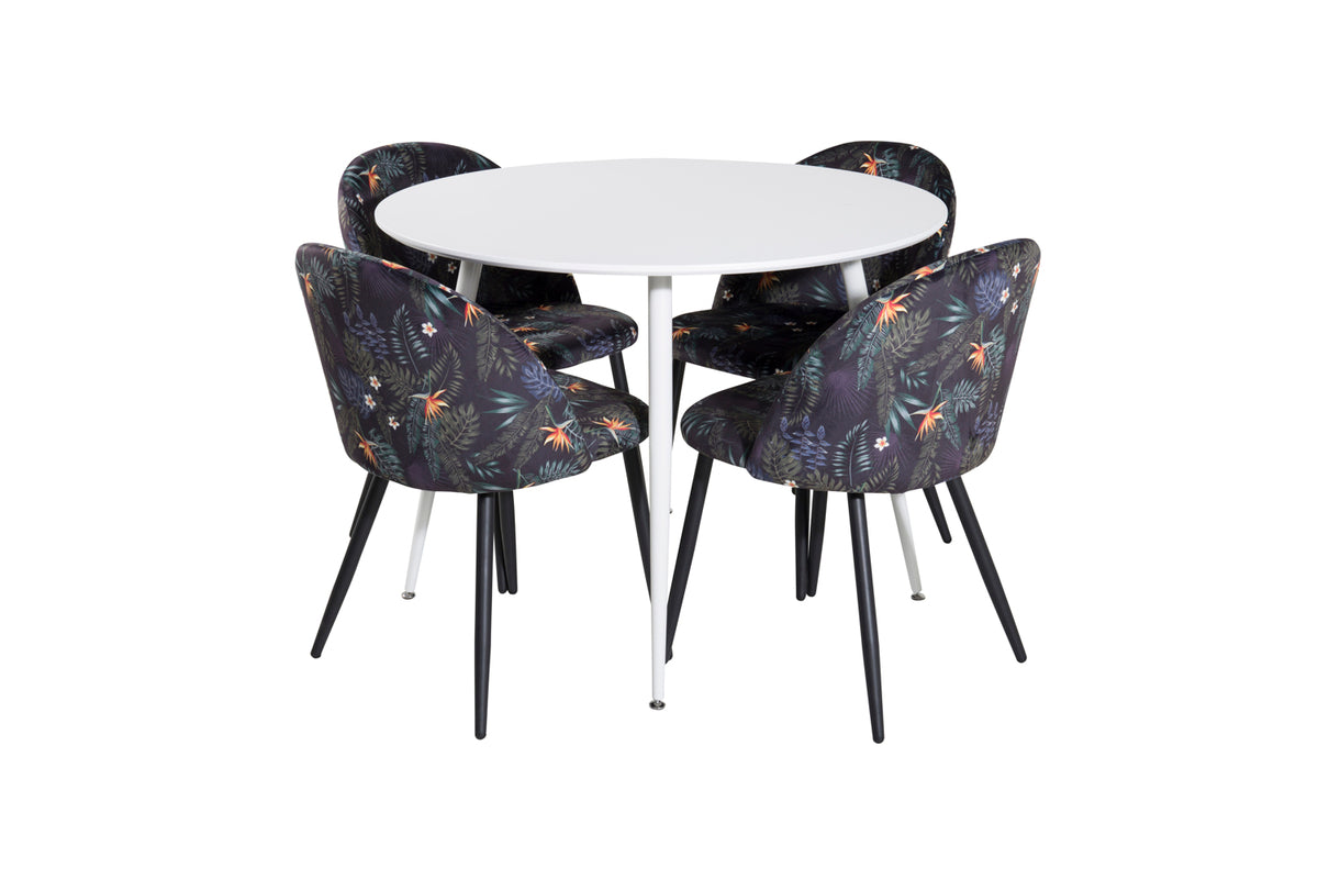 Rundt spisebord 100 Hvid + Spisebordsstol 2-pak Sort