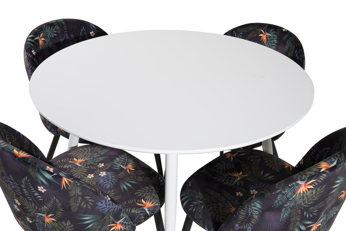 Rundt spisebord 100 Hvid + Spisebordsstol 2-pak Sort