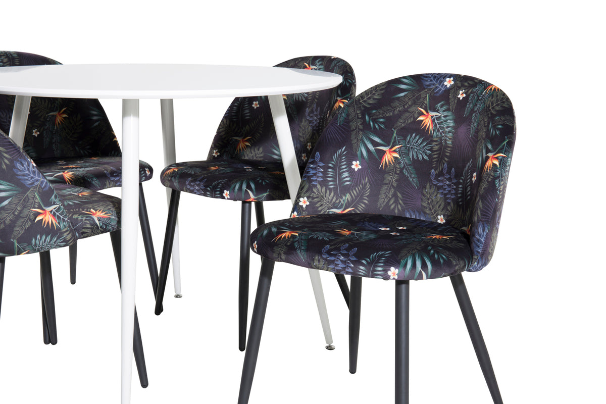 Rundt spisebord 100 Hvid + Spisebordsstol 2-pak Sort