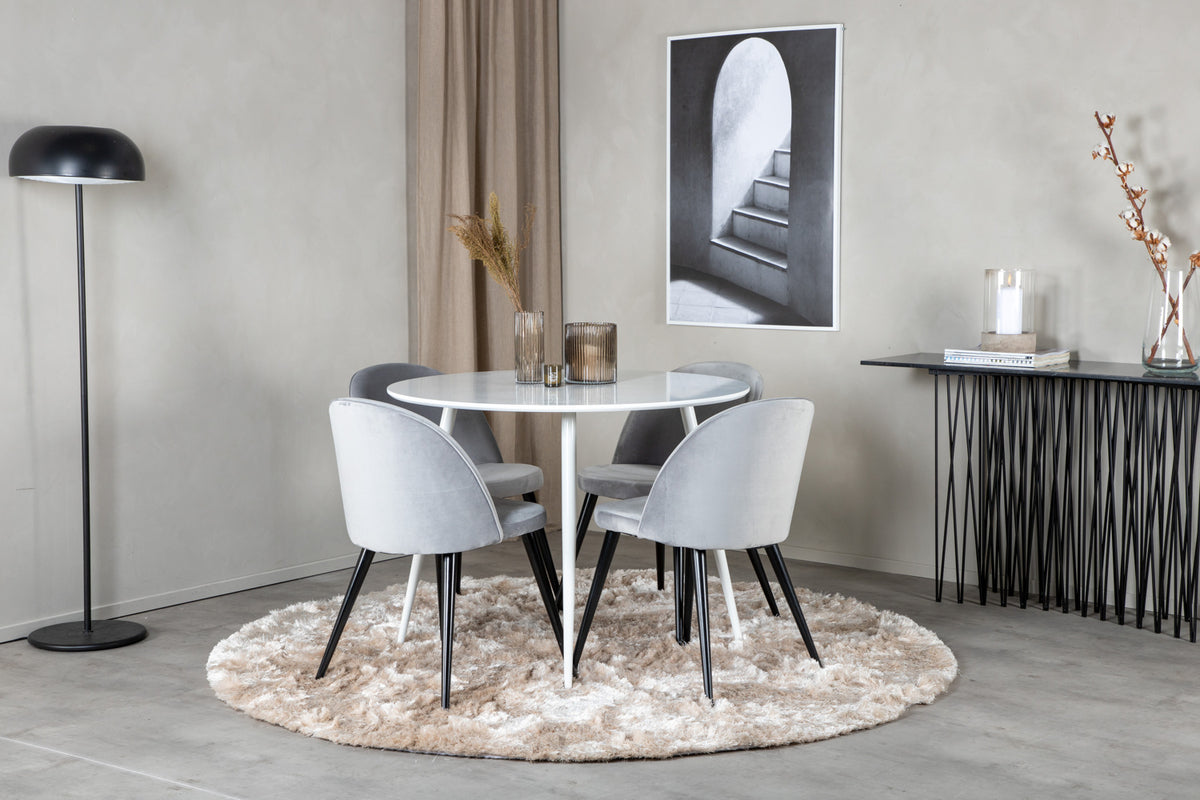 Rundt spisebord 100 Hvid + Spisebordsstol 2-pak Grå