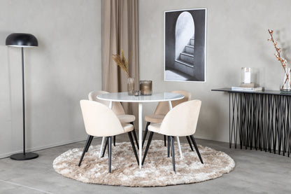Plaza & Velvet Rundt spisebord 100 Hvid + Spisebordsstol 2-pak Beige