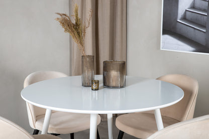 Plaza & Velvet Rundt spisebord 100 Hvid + Spisebordsstol 2-pak Beige