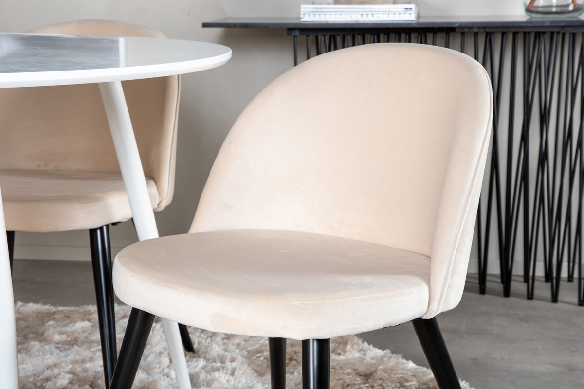 Plaza & Velvet Rundt spisebord 100 Hvid + Spisebordsstol 2-pak Beige
