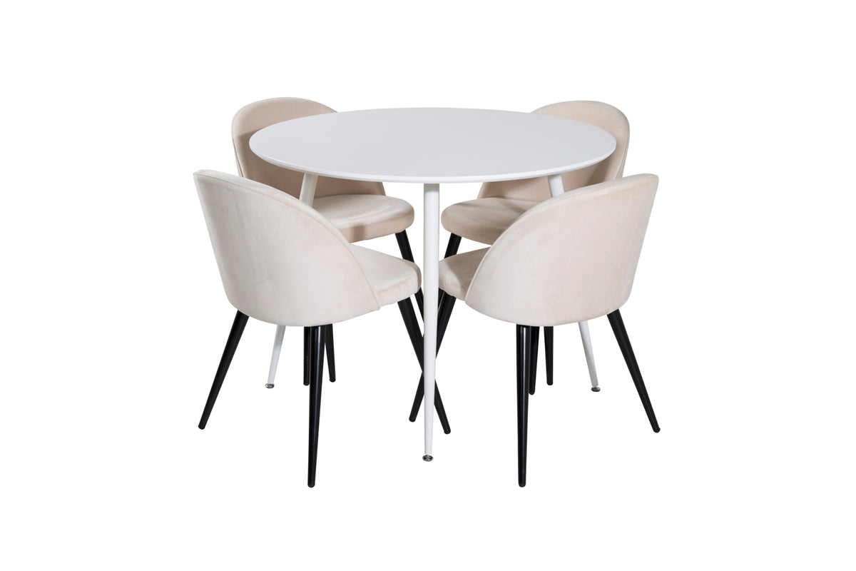 Plaza & Velvet Rundt spisebord 100 Hvid + Spisebordsstol 2-pak Beige