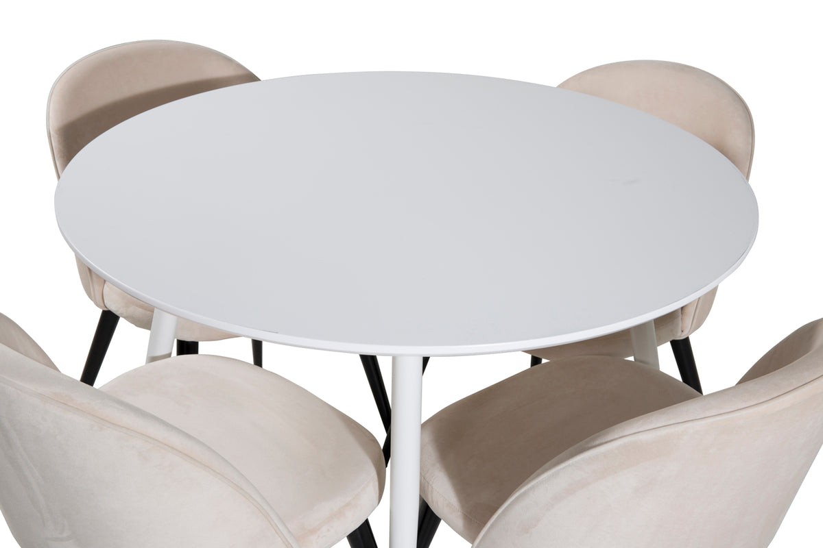 Plaza & Velvet Rundt spisebord 100 Hvid + Spisebordsstol 2-pak Beige