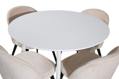 Plaza & Velvet Rundt spisebord 100 Hvid + Spisebordsstol 2-pak Beige