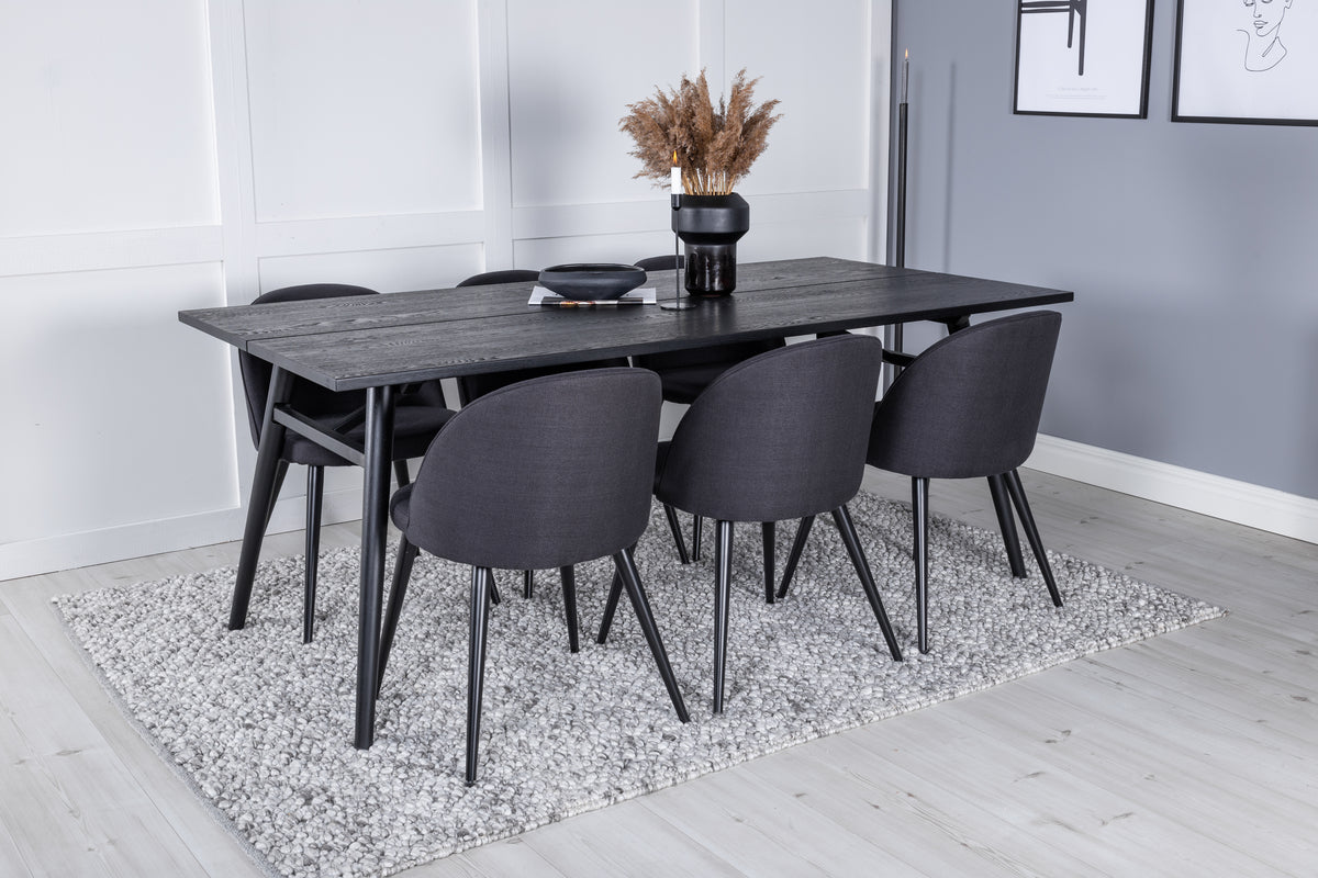 Sleek & Velvet rektangulært spisebord 195 x 95 sort + spisebordsstol 2-pak sort