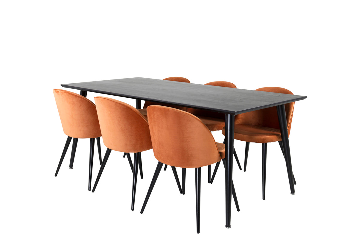 Rektangulært spisebord 180 x 90 Sort + Spisebordsstol 2-pak Rustorange
