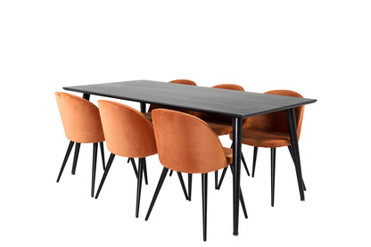 Rektangulært spisebord 180 x 90 Sort + Spisebordsstol 2-pak Rustorange