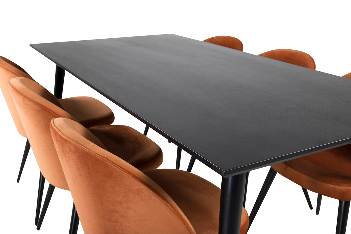 Rektangulært spisebord 180 x 90 Sort + Spisebordsstol 2-pak Rustorange