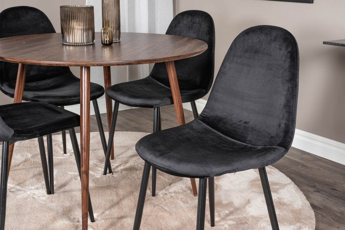 Rundt spisebord 100 valnød + Spisebordsstol 2-pak sort
