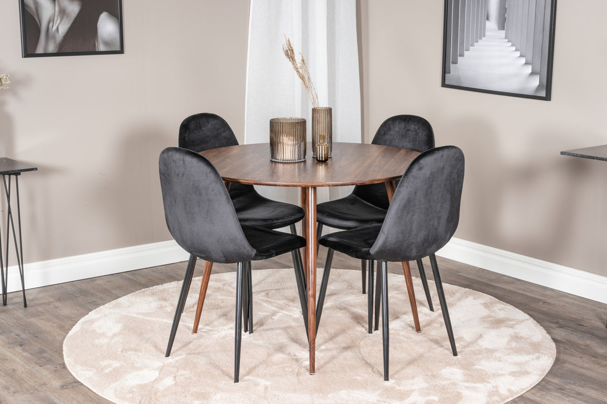 Rundt spisebord 100 valnød + Spisebordsstol 2-pak sort