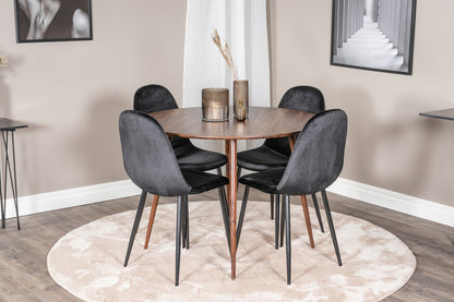 Rundt spisebord 100 valnød + Spisebordsstol 2-pak sort