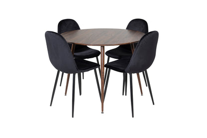 Rundt spisebord 100 valnød + Spisebordsstol 2-pak sort