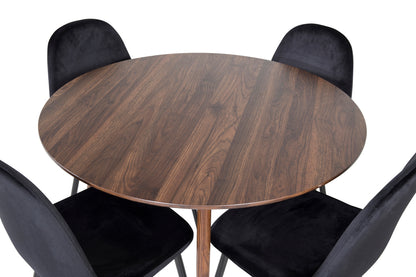 Rundt spisebord 100 valnød + Spisebordsstol 2-pak sort