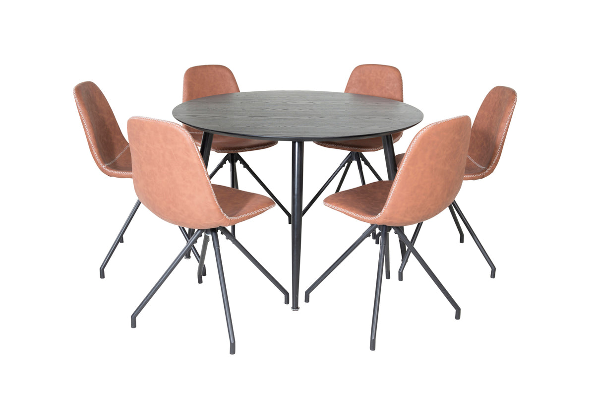 Rundt spisebord 115 Sort + Spisebordsstol 2-pak Brun