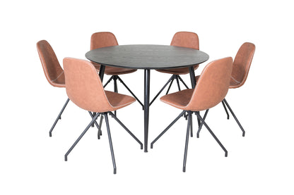 Rundt spisebord 115 Sort + Spisebordsstol 2-pak Brun
