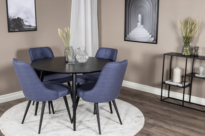 Rundt spisebord 115 Sort + Spisebordsstol 2-pak Blå