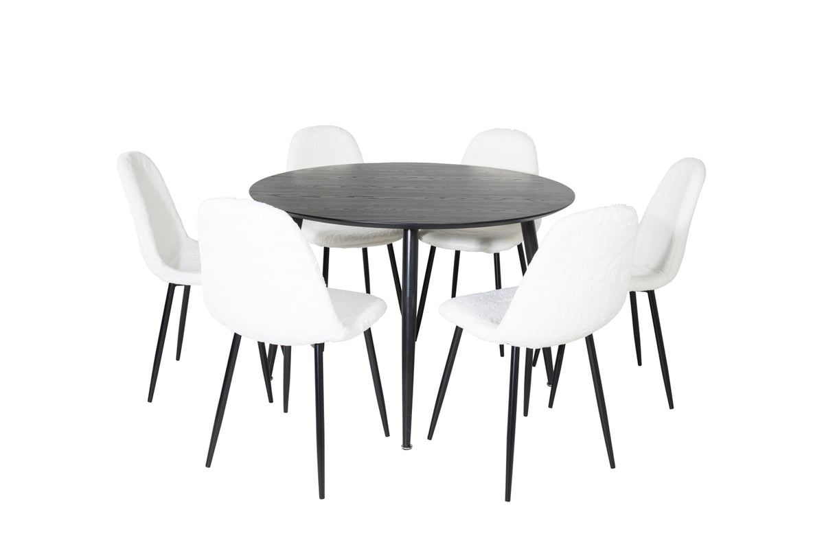 Rundt spisebord 115 Sort + Spisebordsstol 2-pak Hvid